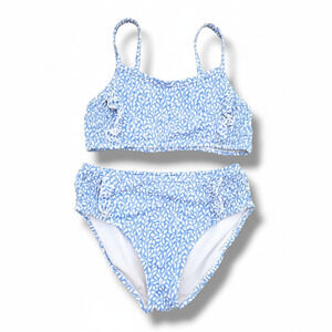 Mini Boden Girls Blue & White Botanical Ruffle Bikini Size 8-9Y